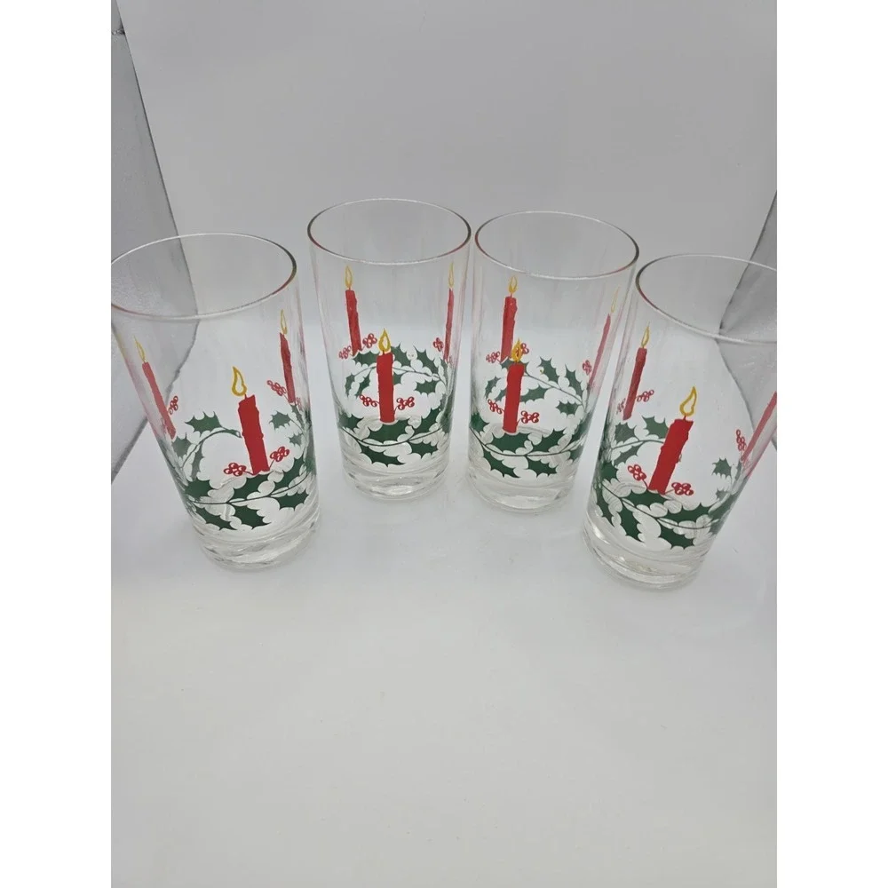 Vintage Christmas Tumbler Glasses Holly & Candle Print Holiday MCM Set Of 4